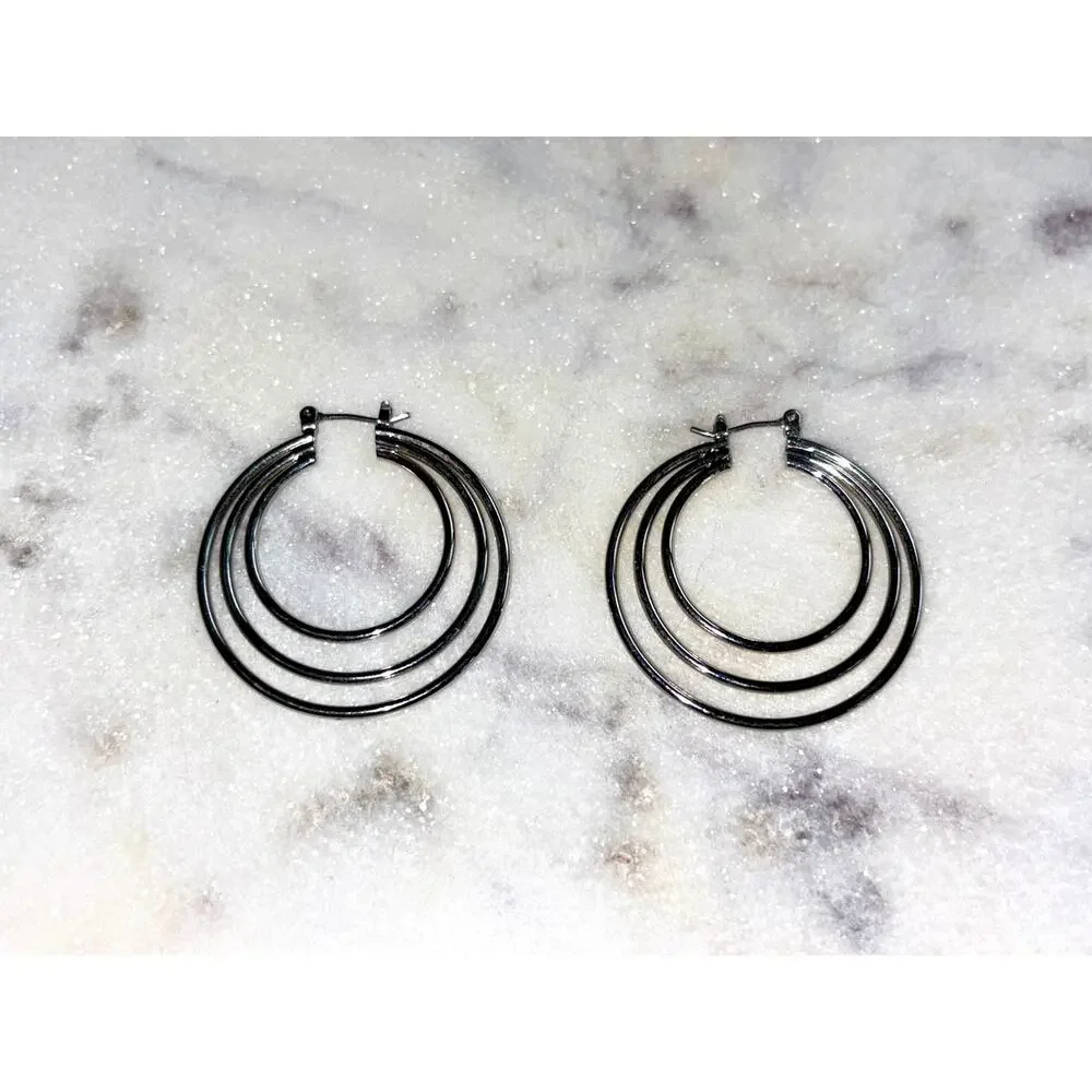 Silver Tone Triple Tiered Hoop Earrings - Modern & Stylish!